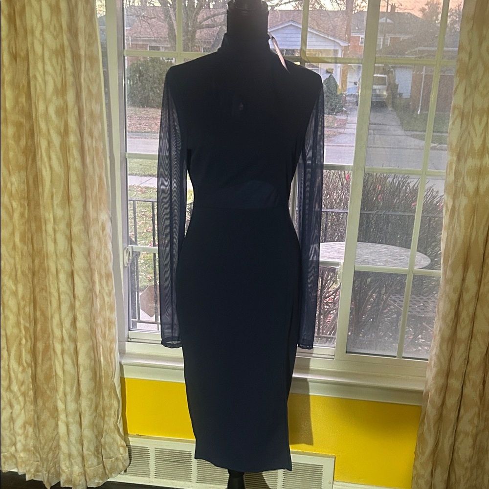 Fashion Nova Navy Blue Long Sleeve Dress with sheer sleeves
